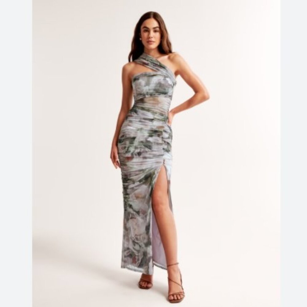 NWT Abercrombie Mesh Asymmetrical Off-The-Shoulder Draped Maxi Dress Small $120
